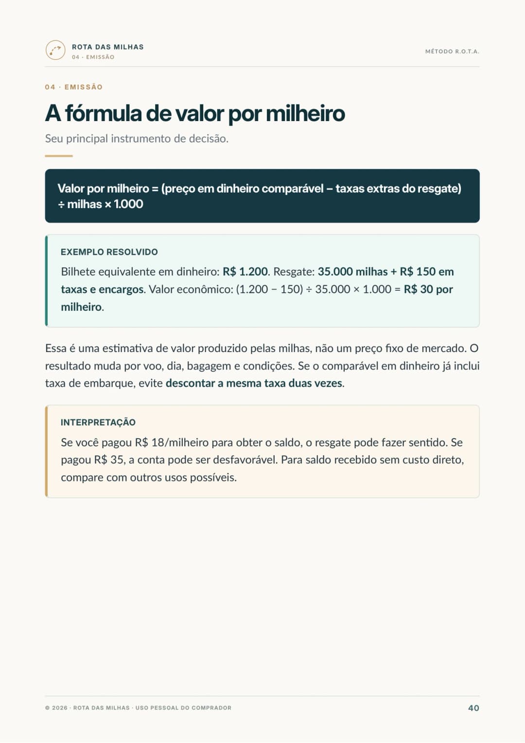 Fórmula de Valor por Milheiro