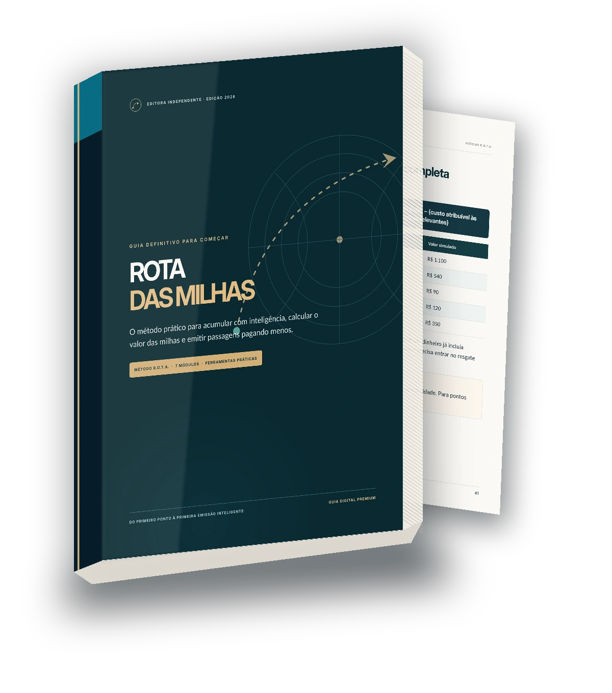 Capa oficial em 3D do guia Rota das Milhas acompanhada da página 41 de cálculo de economia líquida